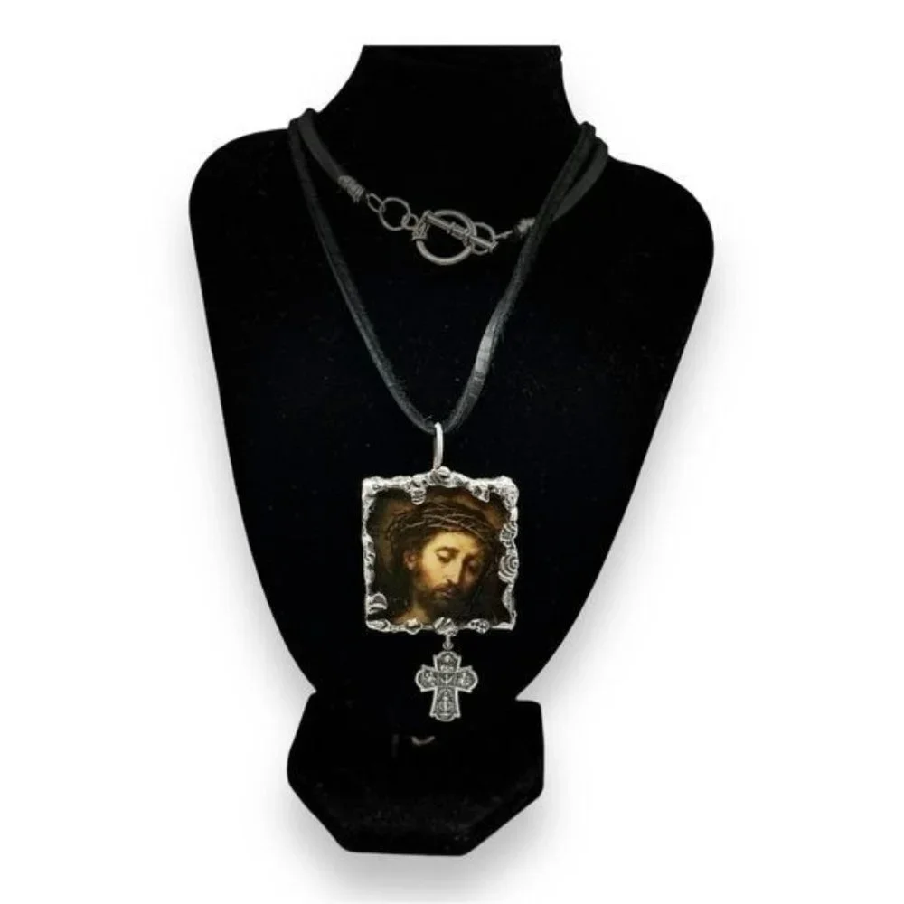 Suffering Christ Painting by Bartolomé Esteban Murillo Glass Hand Solder Pendant - Picture 4 of 15